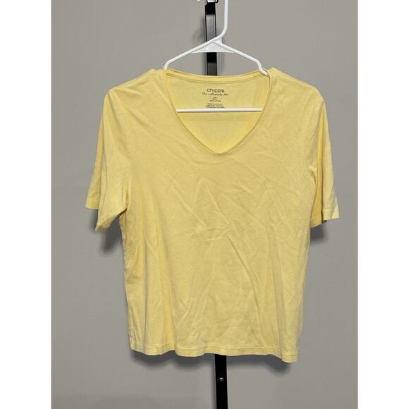 Chico's Womens T-Shirt Yellow Short Sleeve V Neck Stretch Casual Size 1 - Picture 1 of 3